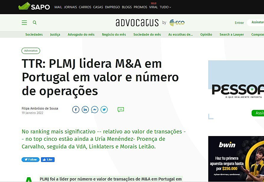 TTR: PLMJ lidera M&A em Portugal em valor e nmero de operaes